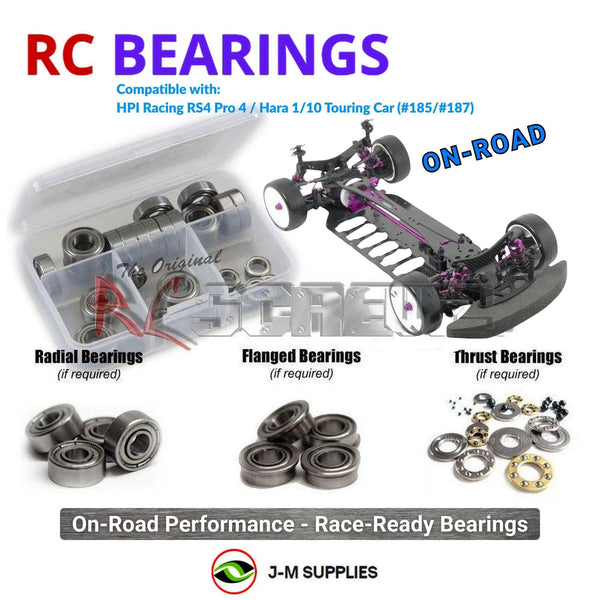 Representative image of an RCScrewZ metal-shielded bearing kit for HPI Racing RS4 Pro 4 Hara 1/10 Electric Touring (185, 187); exact bearing sizes and quantities vary by RC model.