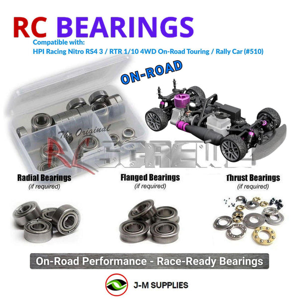 Representative image of an RCScrewZ metal-shielded bearing kit for HPI Racing Nitro RS4 3 RTR 1/10 4WD Rally Car (510, HPI510); exact bearing sizes and quantities vary by RC model.
