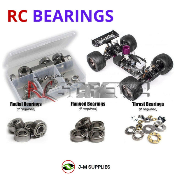Representative image of an RCScrewZ metal-shielded bearing kit for HPI Trophy 3.5 / 4.6 1/8 Nitro 4WD Truggy (107012, 107014); exact bearing sizes and quantities vary by RC model.
