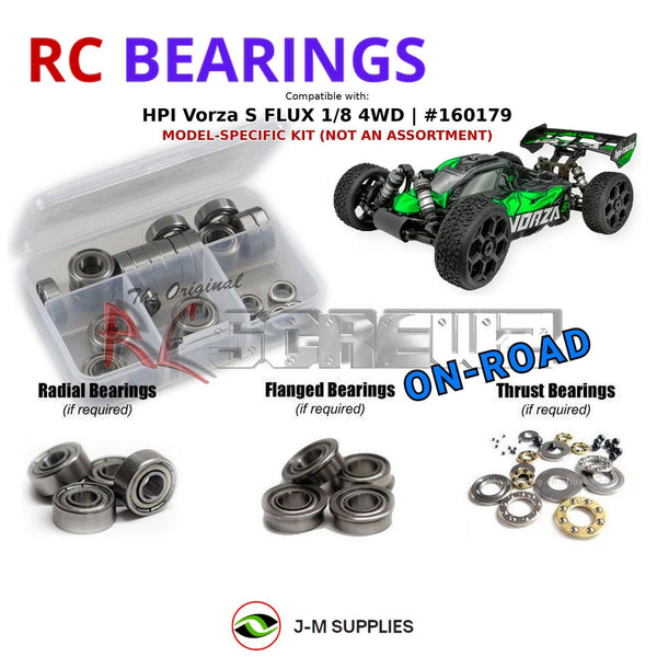 Representative image of an RCScrewZ metal-shielded bearing kit for HPI Vorza S Buggy Flux 1/8 Elec 4WD (160179, HPI160179); exact bearing sizes and quantities vary by RC model.