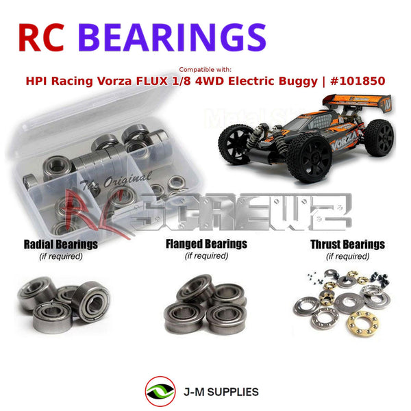 Representative image of an RCScrewZ metal-shielded bearing kit for HPI Vorza Flux HP 1/8 Electric 4WD Buggy (101850, HPI101850); exact bearing sizes and quantities vary by RC model.