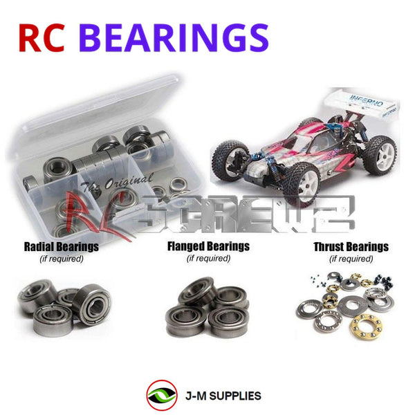 Representative image of an RCScrewZ metal-shielded bearing kit for Kyosho Inferno MP-6 1/8 Nitro 4WD Buggy (31892); exact bearing sizes and quantities vary by RC model.