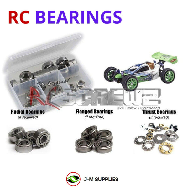 Representative image of an RCScrewZ metal-shielded bearing kit for Kyosho MP7.5 Kanai 1/8 Nitro 4WD Buggy (31191); exact bearing sizes and quantities vary by RC model.