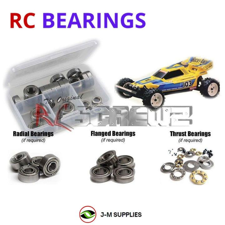 Representative image of an RCScrewZ metal-shielded bearing kit for Kyosho Rocky 1/10 Electric 4WD Buggy (3101); exact bearing sizes and quantities vary by RC model.