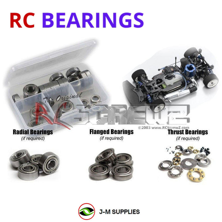 Representative image of an RCScrewZ metal-shielded bearing kit for Kyosho V-One RRR 1/10 Nitro 4WD Touring Car (31256); exact bearing sizes and quantities vary by RC model.