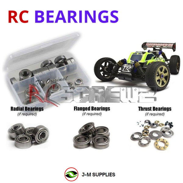Representative image of an RCScrewZ metal-shielded bearing kit for Kyosho Inferno Neo 2.0 1/8 Nitro 4WD Buggy (31684); exact bearing sizes and quantities vary by RC model.