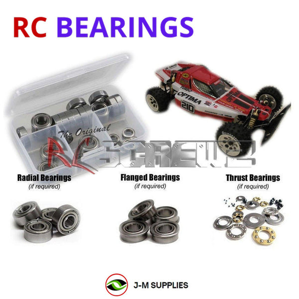 Representative image of an RCScrewZ metal-shielded bearing kit for Kyosho Turbo Optima 1/10 Electric 4WD Buggy (3130); exact bearing sizes and quantities vary by RC model.