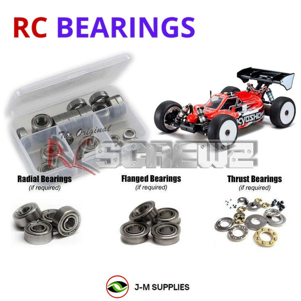 Representative image of an RCScrewZ metal-shielded bearing kit for Kyosho Inferno MP9e Evo 1/8 Electric 4WD Buggy (34105B); exact bearing sizes and quantities vary by RC model.