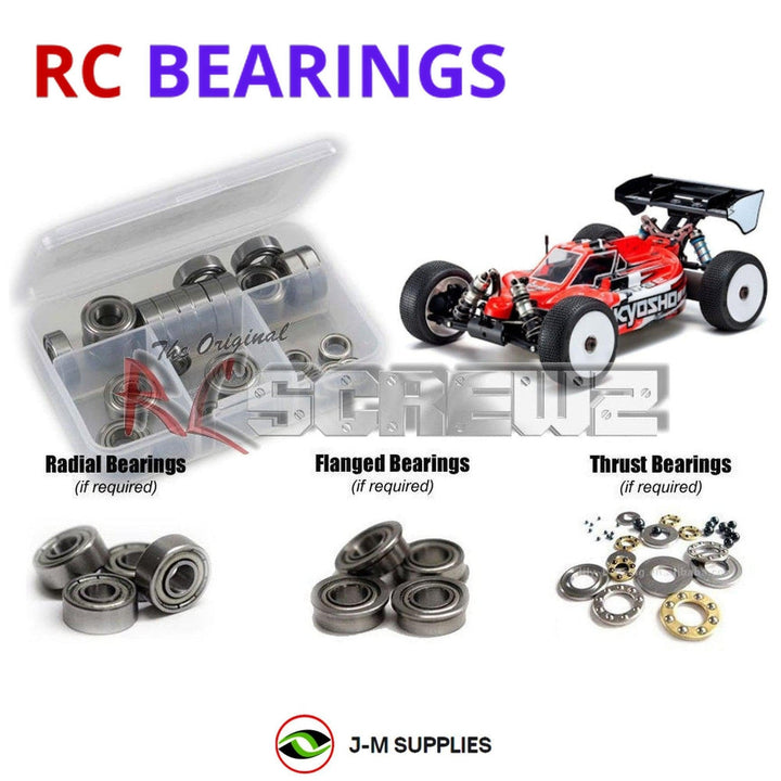 Representative image of an RCScrewZ metal-shielded bearing kit for Kyosho Inferno MP9e Evo 1/8 Electric 4WD Buggy (34105B); exact bearing sizes and quantities vary by RC model.
