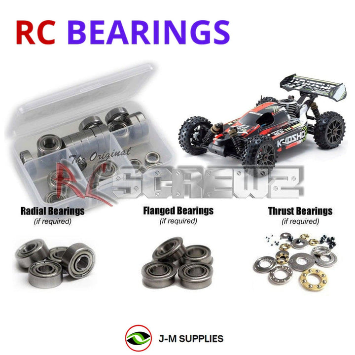 Representative image of an RCScrewZ metal-shielded bearing kit for Kyosho Inferno Neo 3.0 1/8 Nitro 4WD Buggy (33012B); exact bearing sizes and quantities vary by RC model.