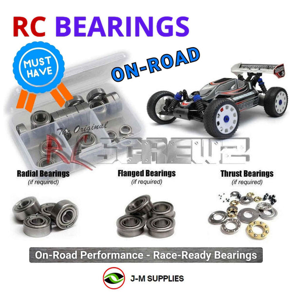 Representative image of an RCScrewZ metal-shielded bearing kit for Kyosho Inferno VE Race Spec 1/8 Electric 4WD Buggy (30876M-B); exact bearing sizes and quantities vary by RC model.