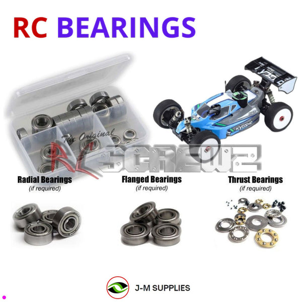 Representative image of an RCScrewZ metal-shielded bearing kit for Kyosho Inferno MP10 TKI2 1/8 Nitro 4WD Buggy (33022, 33025); exact bearing sizes and quantities vary by RC model.