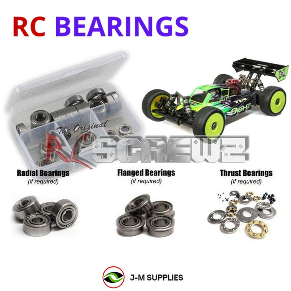 Representative image of an RCScrewZ metal-shielded bearing kit for Losi TLR 8IGHT-X 1/8 Nitro 4WD Buggy (TLR04007); exact bearing sizes and quantities vary by RC model.