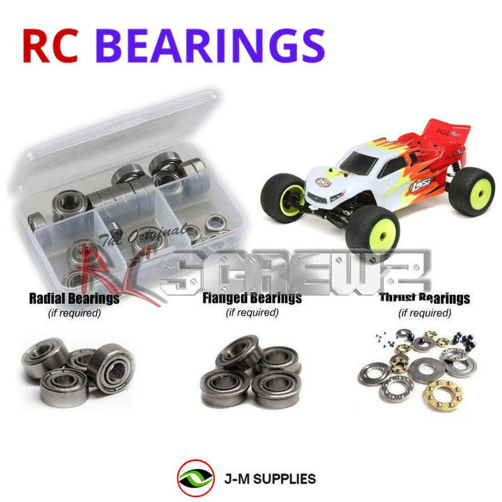Representative image of an RCScrewZ metal-shielded bearing kit for Losi Mini-T 2.0 1/18 Electric 2WD Stadium Truck (LOS01015); exact bearing sizes and quantities vary by RC model.