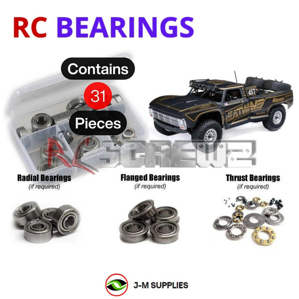 Representative image of an RCScrewZ metal-shielded bearing kit for Losi Baja Rey 2.0 F100 1/10 4WD Truck (LOS03049); exact bearing sizes and quantities vary by RC model.