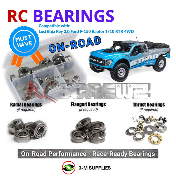 Representative image of an RCScrewZ metal-shielded bearing kit for Losi Baja Rey 2.0 Raptor 1/10 4WD Truck (LOS03046); exact bearing sizes and quantities vary by RC model.