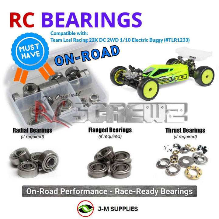 Representative image of an RCScrewZ metal-shielded bearing kit for Losi TLR 22X DC 1/10 Electric 2WD Buggy (TLR-1233); exact bearing sizes and quantities vary by RC model.