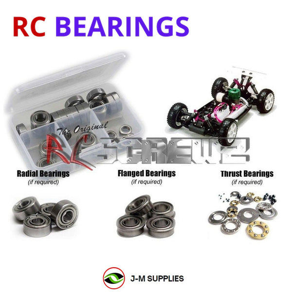 Representative image of an RCScrewZ metal-shielded bearing kit for Mugen Seiki MBX4 RR 1/8th Buggy; exact bearing sizes and quantities vary by RC model.