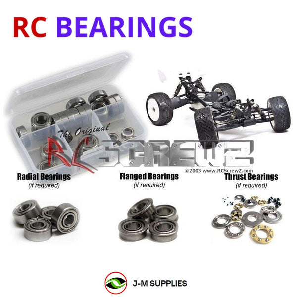 Representative image of an RCScrewZ metal-shielded bearing kit for Mugen Seiki MBX6-T Eco #E0075; exact bearing sizes and quantities vary by RC model.