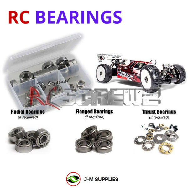 Representative image of an RCScrewZ metal-shielded bearing kit for Mugen Seiki MBX-7R 1/8 Nitro Buggy (#E2015); exact bearing sizes and quantities vary by RC model.