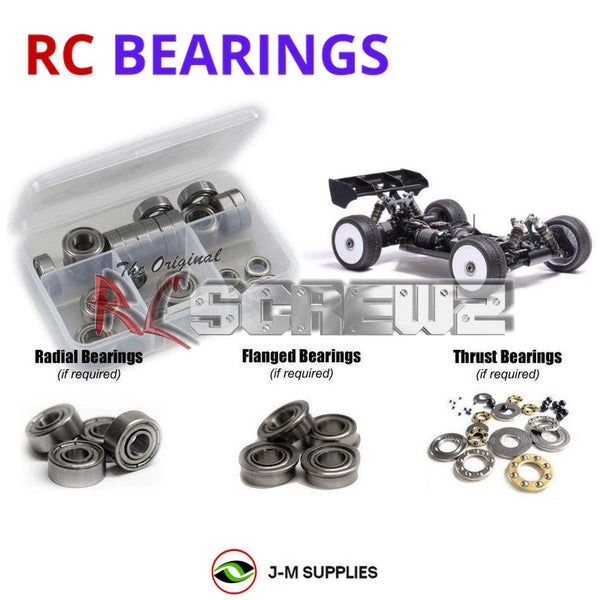Representative image of an RCScrewZ metal-shielded bearing kit for Mugen Seiki MBX8 ECO 1/8 ELECTRIC (#E2022); exact bearing sizes and quantities vary by RC model.