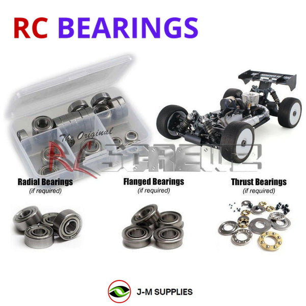 Representative image of an RCScrewZ metal-shielded bearing kit for Mugen Seiki MBX8R Nitro #E2027; exact bearing sizes and quantities vary by RC model.