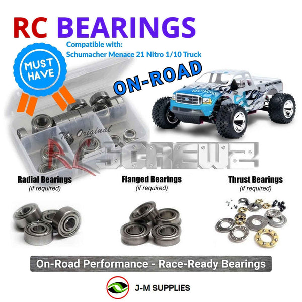 Representative image of an RCScrewZ metal-shielded bearing kit for Schumacher Menace 21 RTR 1/10th Nitro Truck; exact bearing sizes and quantities vary by RC model.