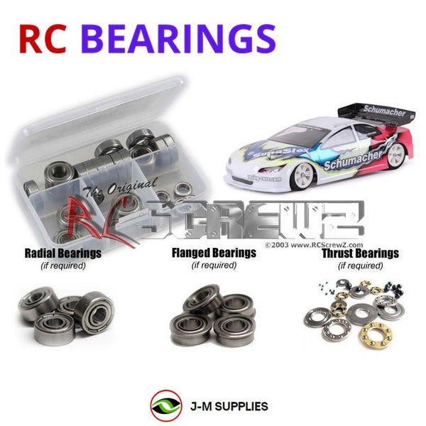 Representative image of an RCScrewZ metal-shielded bearing kit for Schumacher Supastock GT 1/12 K154/57; exact bearing sizes and quantities vary by RC model.