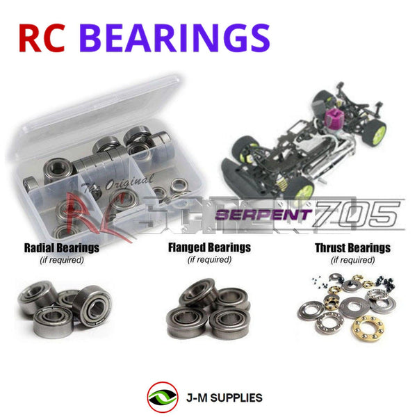 Representative image of an RCScrewZ metal-shielded bearing kit for Serpent 705 1/10th Nitro #801040; exact bearing sizes and quantities vary by RC model.