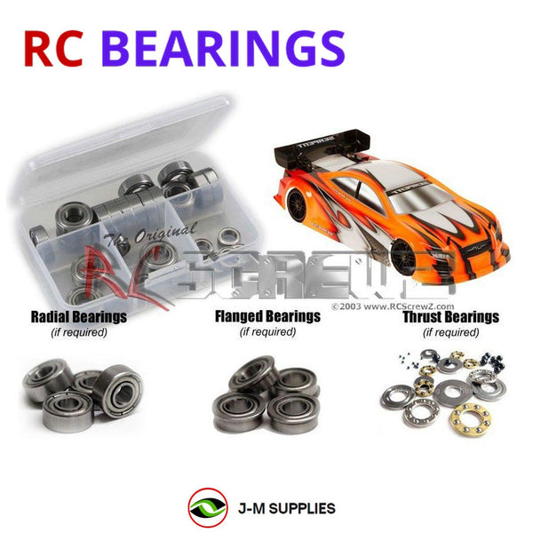 Representative image of an RCScrewZ metal-shielded bearing kit for Serpent 747e 1/10th #804006; exact bearing sizes and quantities vary by RC model.