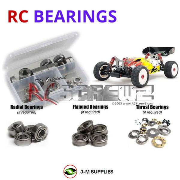 Representative image of an RCScrewZ metal-shielded bearing kit for SWorkZ S104 EK-1; exact bearing sizes and quantities vary by RC model.
