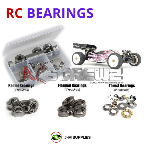 Representative image of an RCScrewZ metal-shielded bearing kit for SWorkZ S104 Evo 4wd; exact bearing sizes and quantities vary by RC model.