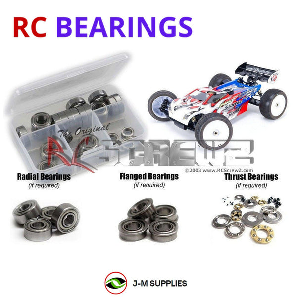 Representative image of an RCScrewZ metal-shielded bearing kit for SWorkZ S350T 1/8th Truggy (#910019); exact bearing sizes and quantities vary by RC model.