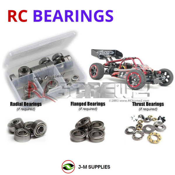 Representative image of an RCScrewZ metal-shielded bearing kit for SWORKz Fox 4x4 1/10th (#940001); exact bearing sizes and quantities vary by RC model.