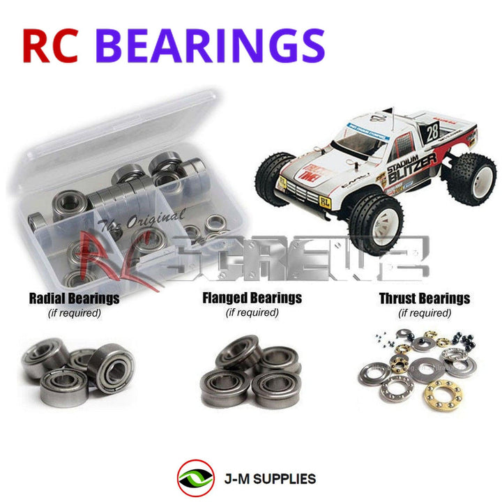 Representative image of an RCScrewZ metal-shielded bearing kit for Tamiya Stadium Blitzer 1/10 Electric 2WD Truck (58106); exact bearing sizes and quantities vary by RC model.