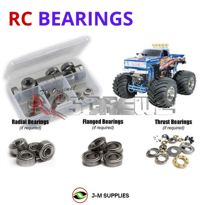 Representative image of an RCScrewZ metal-shielded bearing kit for Tamiya Super Clod Buster 1/10 Electric 4WD Monster Truck (58321); exact bearing sizes and quantities vary by RC model.