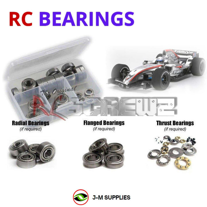 Representative image of an RCScrewZ metal-shielded bearing kit for Tamiya F104 Pro 1/10 Electric 2WD Formula Car (84106); exact bearing sizes and quantities vary by RC model.