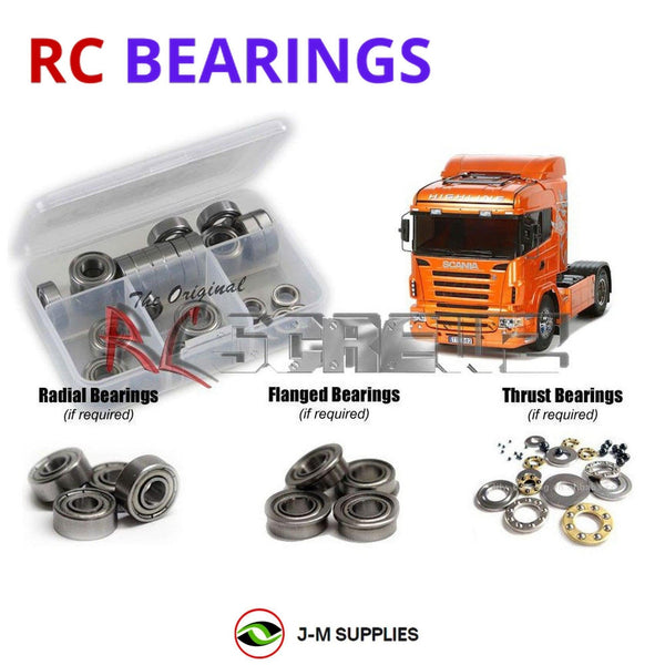 Representative image of an RCScrewZ metal-shielded bearing kit for Tamiya Scania R620/R470 1/14 Electric 6x4 Truck (56323, 56338); exact bearing sizes and quantities vary by RC model.
