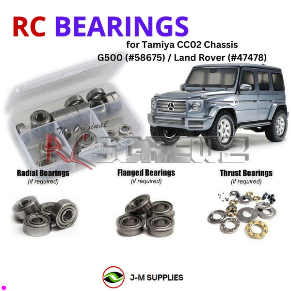 Representative image of an RCScrewZ metal-shielded bearing kit for Tamiya CC-02 G500 Defender 1/10 Electric 4WD SUV (58675, 47478); exact bearing sizes and quantities vary by RC model.