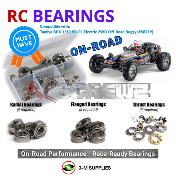 Representative image of an RCScrewZ metal-shielded bearing kit for Tamiya BBX BB-01 1/10 Electric 2WD Buggy (58719); exact bearing sizes and quantities vary by RC model.