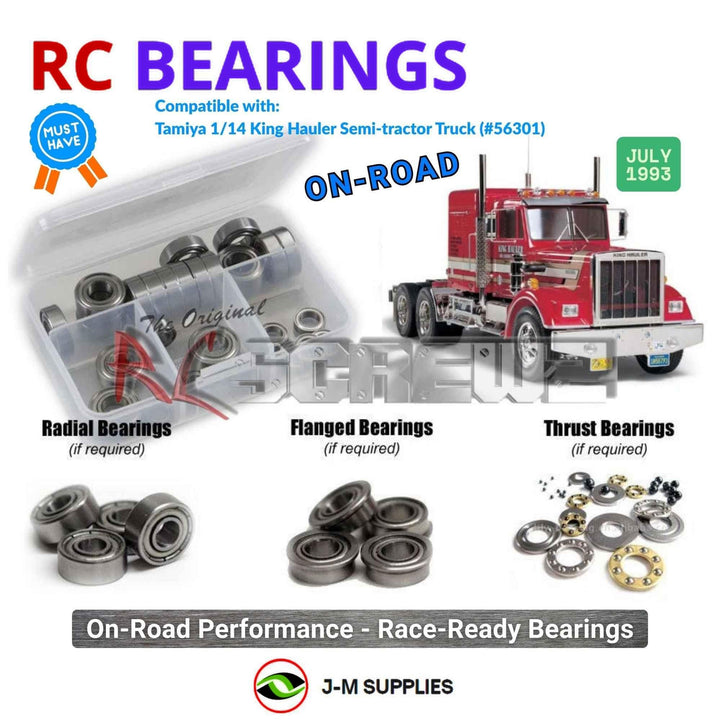 Representative image of an RCScrewZ metal-shielded bearing kit for Tamiya King Hauler 1/14 Electric 6x4 Truck (56301); exact bearing sizes and quantities vary by RC model.