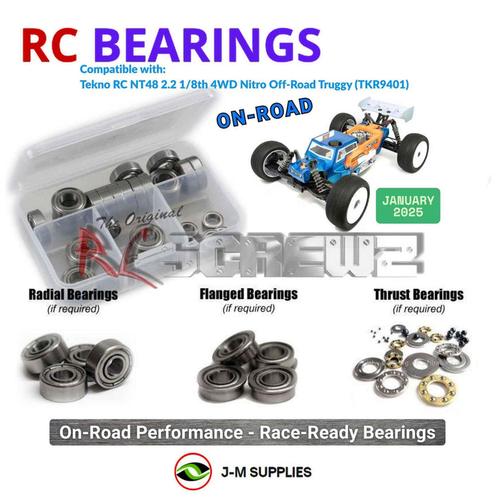 Representative image of an RCScrewZ metal-shielded bearing kit for Tekno NT48 2.2 1/8 Nitro 4WD Truggy (TKR9401); exact bearing sizes and quantities vary by RC model.