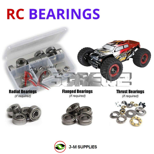Representative image of an RCScrewZ metal-shielded bearing kit for Thunder Tiger 1/8 MT4-G3; exact bearing sizes and quantities vary by RC model.