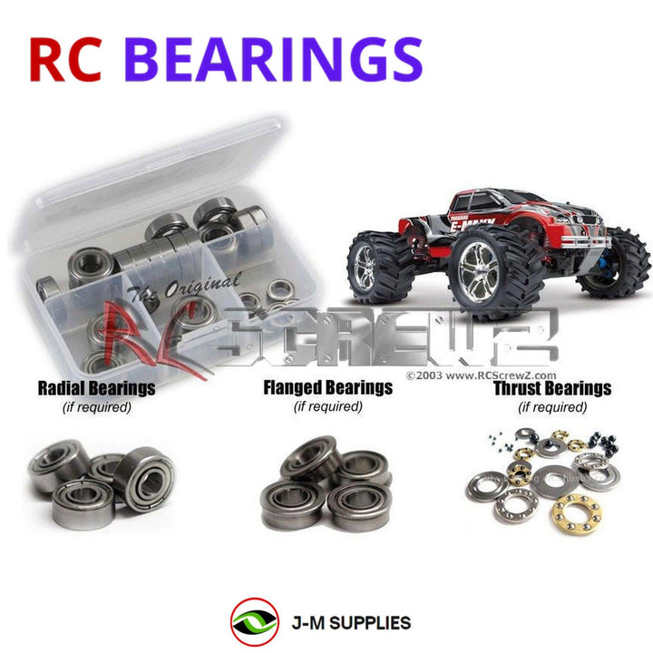 Representative image of an RCScrewZ metal-shielded bearing kit for Traxxas E-Maxx EVX 1/10 Electric 4WD Monster Truck (39036); exact bearing sizes and quantities vary by RC model.