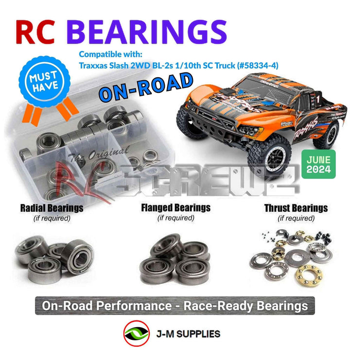 Representative image of an RCScrewZ metal-shielded bearing kit for Traxxas Slash 2WD BL-2S 1/10 SCT (58334-4); exact bearing sizes and quantities vary by RC model.