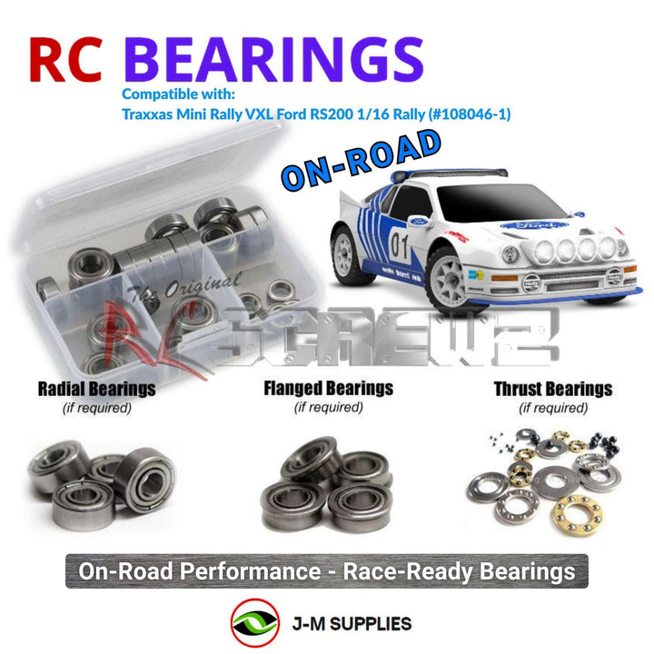 Representative image of an RCScrewZ metal-shielded bearing kit for Traxxas Mini Rally VXL Ford RS200 1/16 AWD (108046-1); exact bearing sizes and quantities vary by RC model.