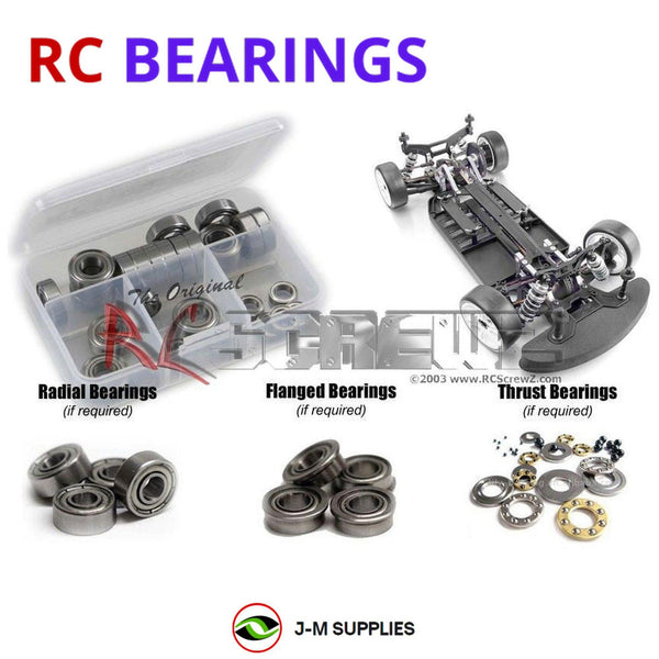 Representative image of an RCScrewZ metal-shielded bearing kit for Team XRAY T1R 1/10th #300100; exact bearing sizes and quantities vary by RC model.