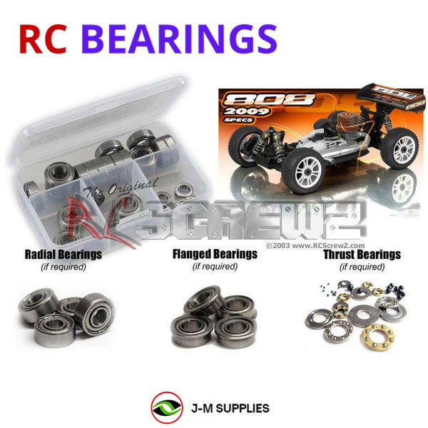 Representative image of an RCScrewZ metal-shielded bearing kit for Team XRAY XB808 2009 Spec (#350004) 1/8 Nitro Buggy; exact bearing sizes and quantities vary by RC model.