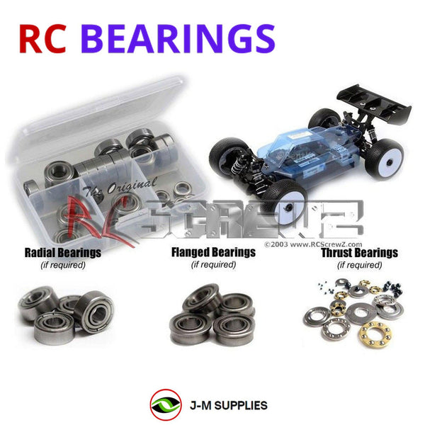 Representative image of an RCScrewZ metal-shielded bearing kit for XRAY XB9e 1/8th #350151; exact bearing sizes and quantities vary by RC model.