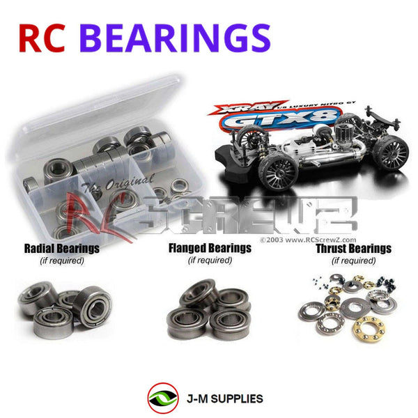 Representative image of an RCScrewZ metal-shielded bearing kit for XRAY GTX8 1/8th #350500; exact bearing sizes and quantities vary by RC model.